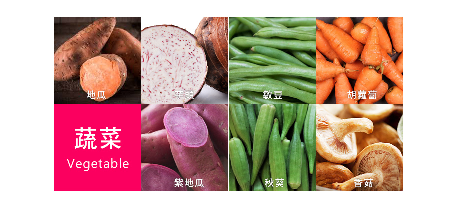 蔬菜脆片含有：芋頭、地瓜、紫地瓜、敏豆、香菇、秋葵、紅蘿蔔